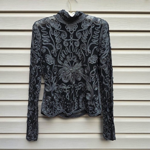 Cache Tops - Y2K Cache Sheer Mesh Top Womens L Black Silver Metallic Whimsigoth Fairy Grunge